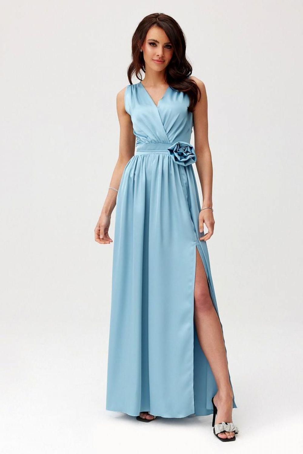 Blue cocktail dress by Roco Fashion with V-neck, waist tie, and side slit