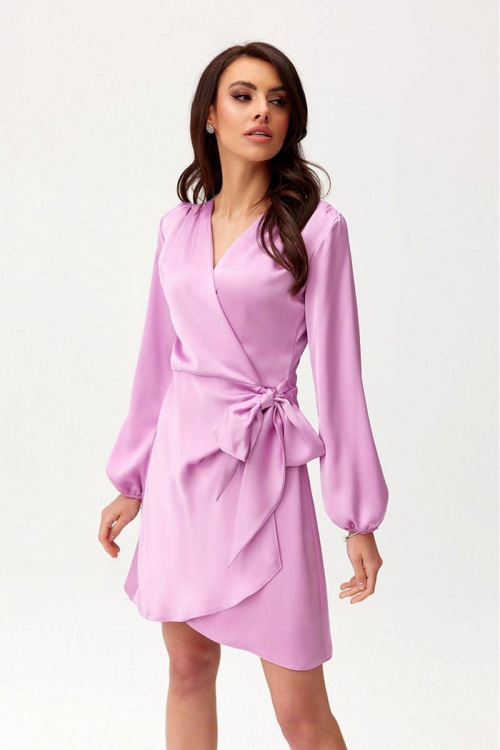 Violet satin cocktail dress with V-neck, long puff sleeves, and waist tie wrap detail