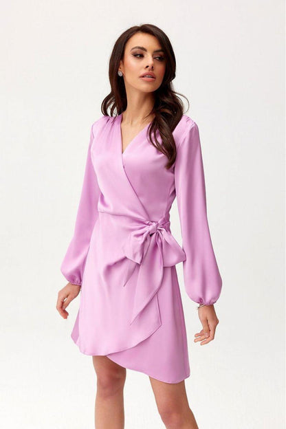 Violet satin cocktail dress with V-neck, long puff sleeves, and waist tie wrap detail