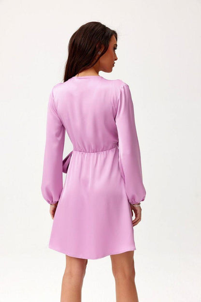 Violet satin wrap cocktail dress with long puff sleeves and back waist tie