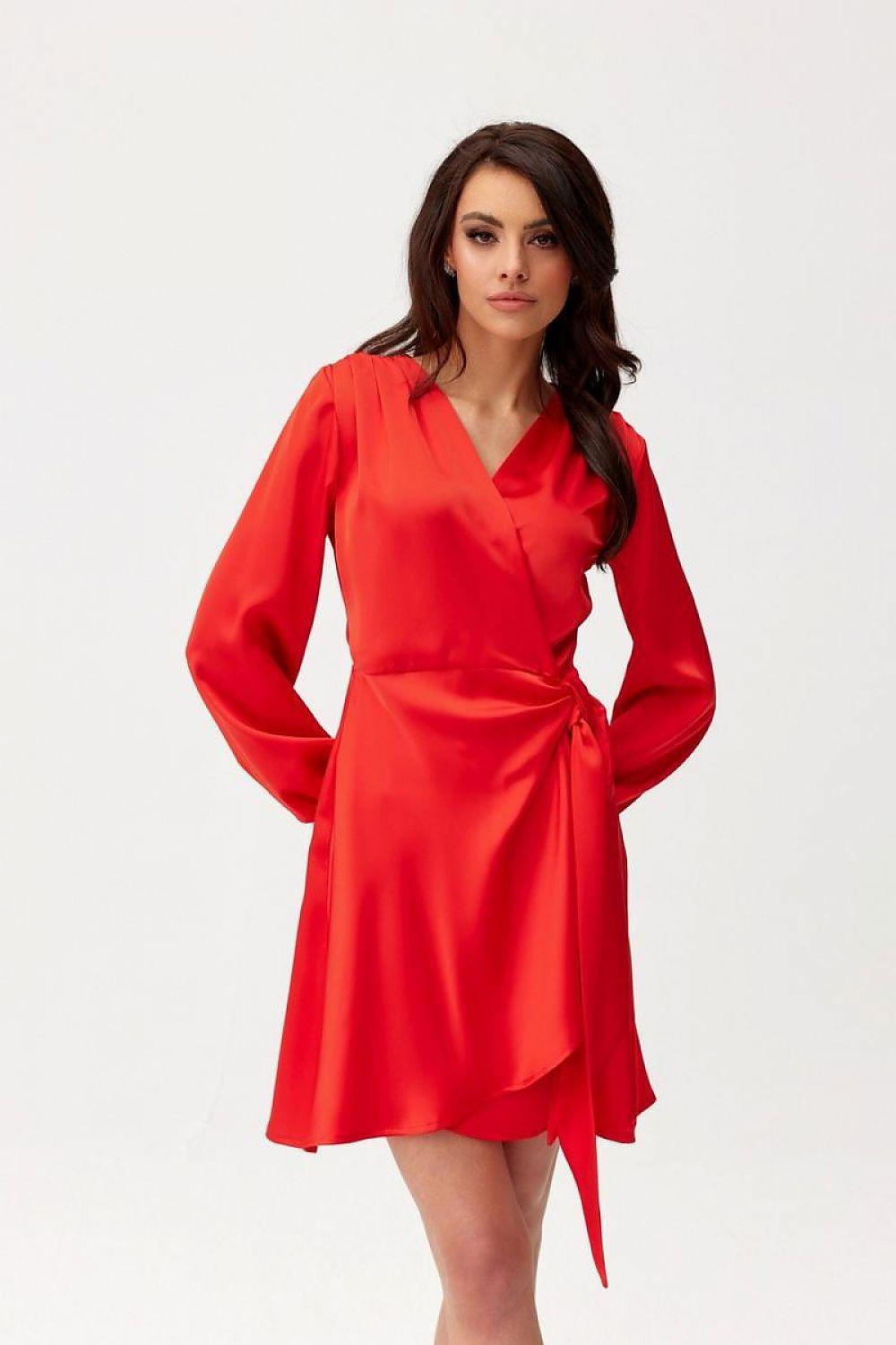 Red satin cocktail dress with V-neck, long sleeves, and waist tie wrap front