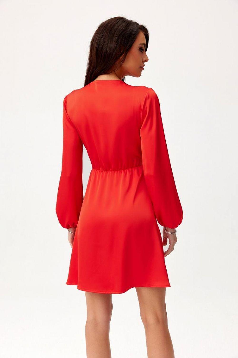 Red satin wrap cocktail dress with back waist seam and long sleeves