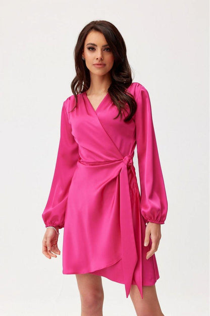 Pink satin cocktail dress with V-neck, long puff sleeves, and waist tie detail