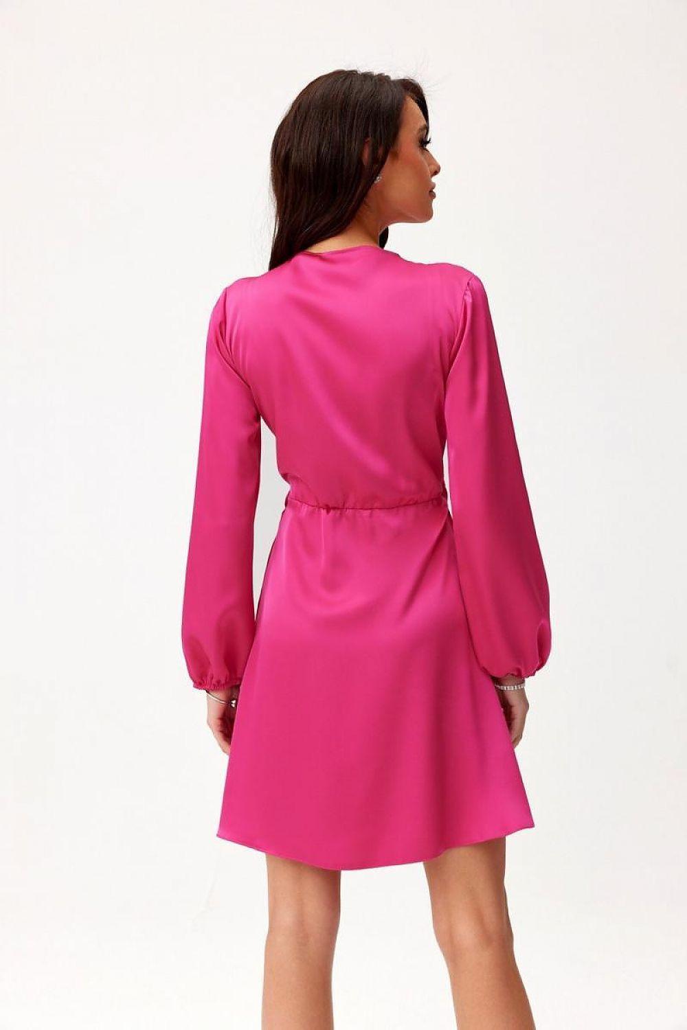 Pink satin wrap cocktail dress with back view and long puff sleeves