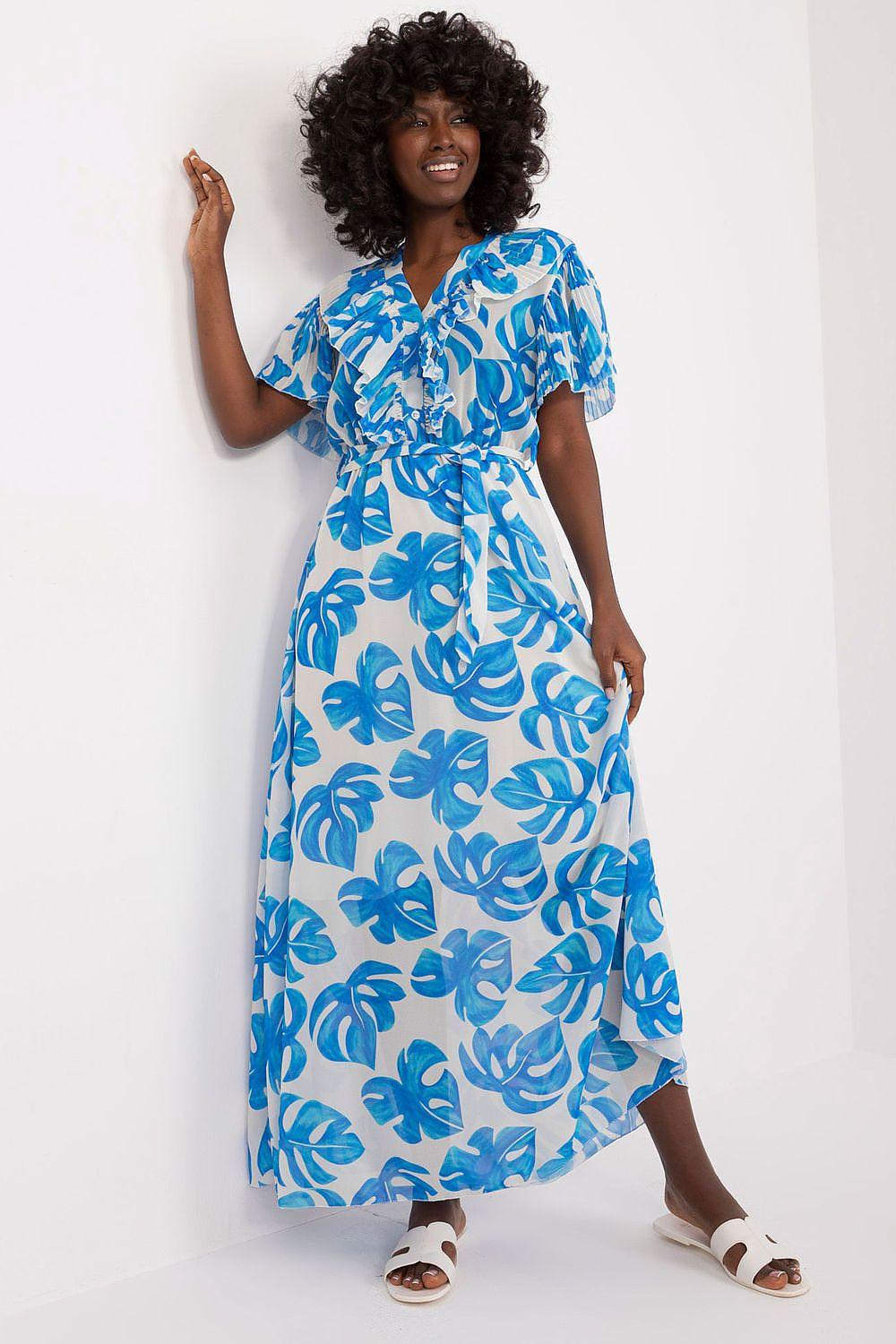 Blue patterned daydress with short ruffled sleeves, V-neck, and cinched waist tie
