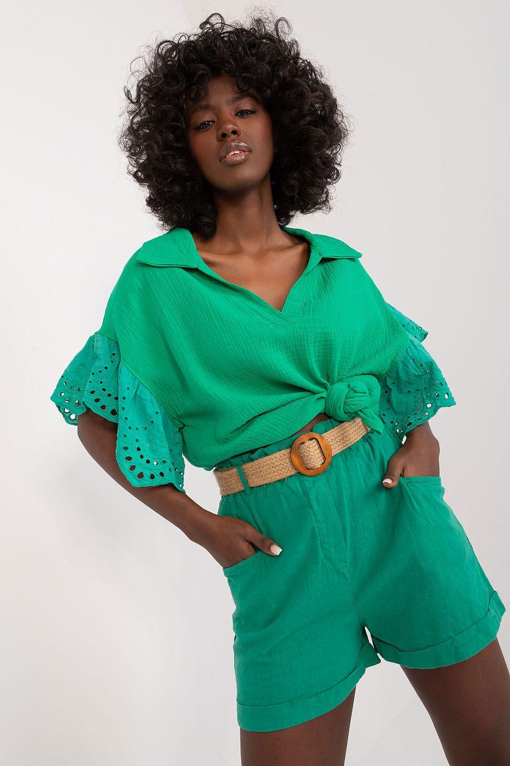 Green belted shorts with cuffed hem and front pockets
