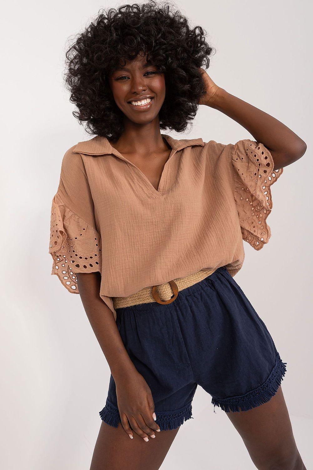 Navy blue shorts with frayed hem and gathered waistband