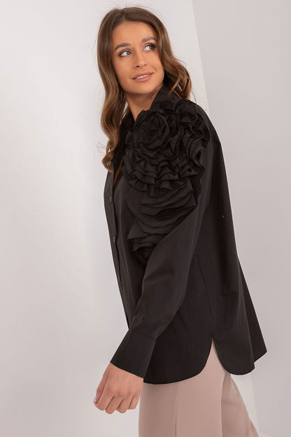 Black long-sleeve button-up shirt with layered ruffle shoulder accent and collar