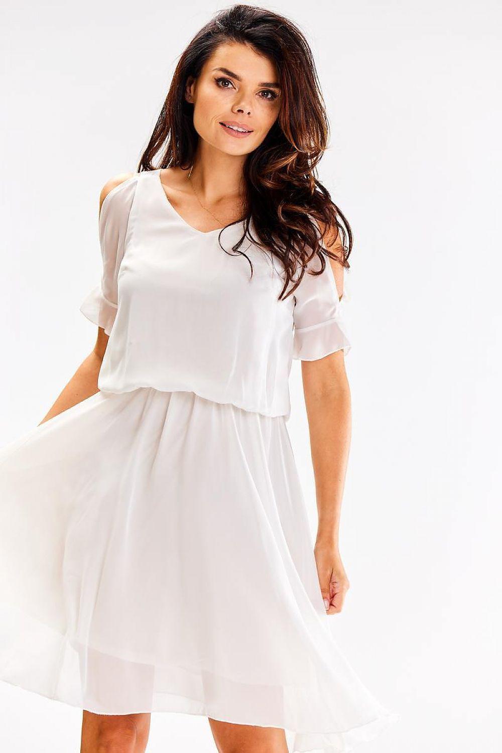 White daydress with cold-shoulder short sleeves and tiered skirt