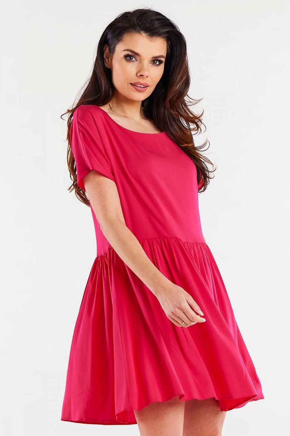 Awama pink daydress with short sleeves, gathered waist and flared skirt, above-knee length