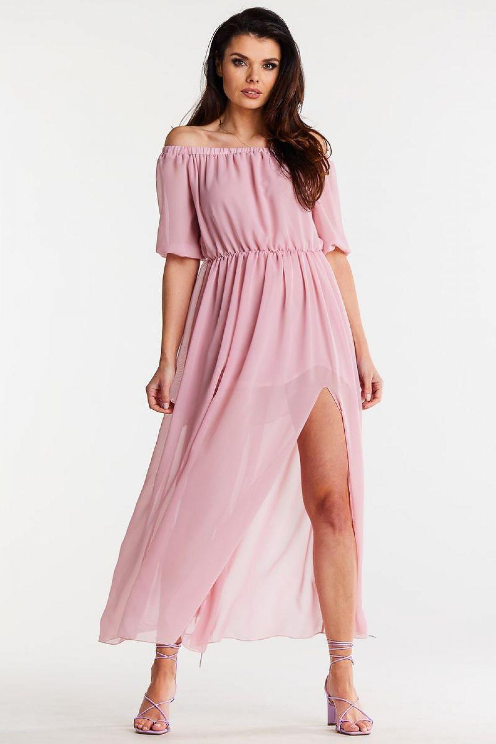 Pink off-shoulder daydress by awama with gathered waist and side slit, short sleeves