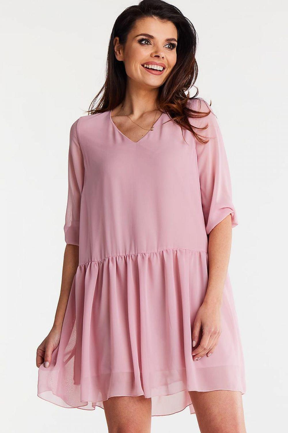 Pink V-neck short-sleeve daydress with tiered ruffle hem