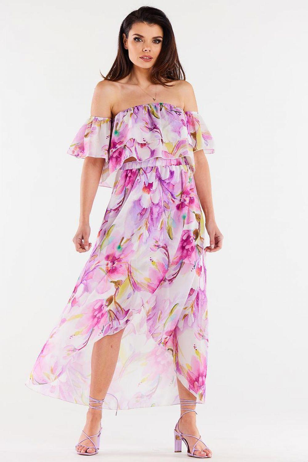Long maxi skirt with side slit, watercolor floral print in violet and pink