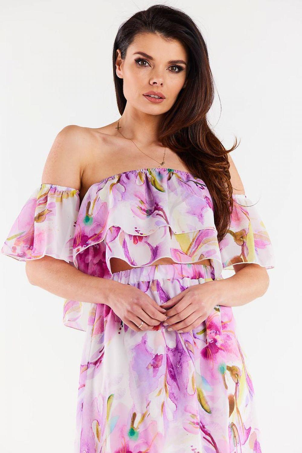 Off-shoulder blouse with ruffled neckline, tiered layers, violet floral print