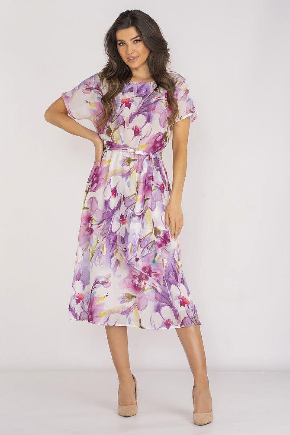 Floral daydress with short puff sleeves and tied waist, violet and lilac print midi length