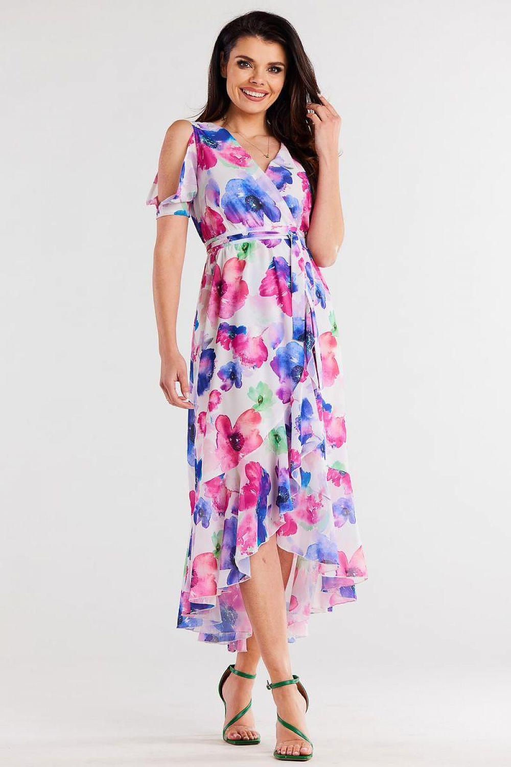 Women’s midi daydress with multicolor floral watercolor print, layered asym hem, tie belt.