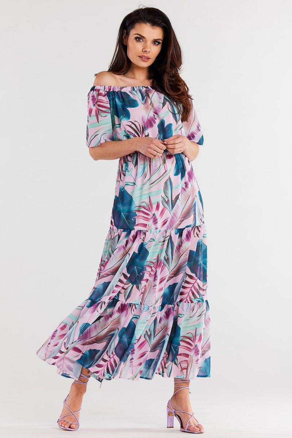 Awama daydress with off-shoulder neckline, tiered ruffles, multicolor floral leaf print.