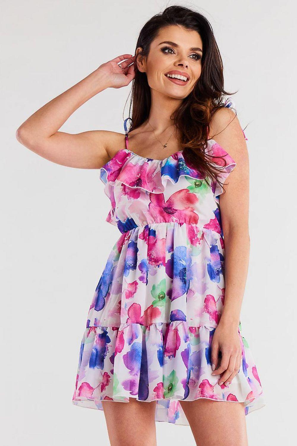 Multicolor tiered daydress with ruffled neckline and flutter straps