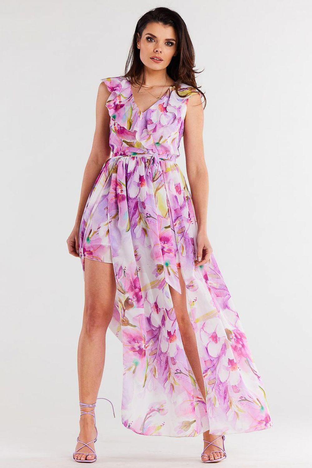 Women’s floral daydress with V-neck, ruffled shoulders, tie waist and side slit