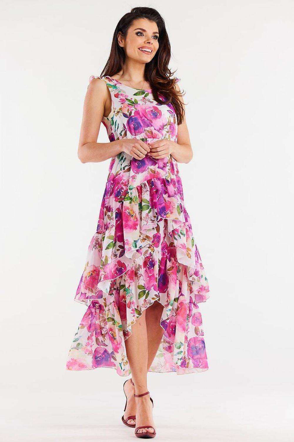 Floral tiered ruffle daydress, sleeveless, pink and white, asymmetrical hem