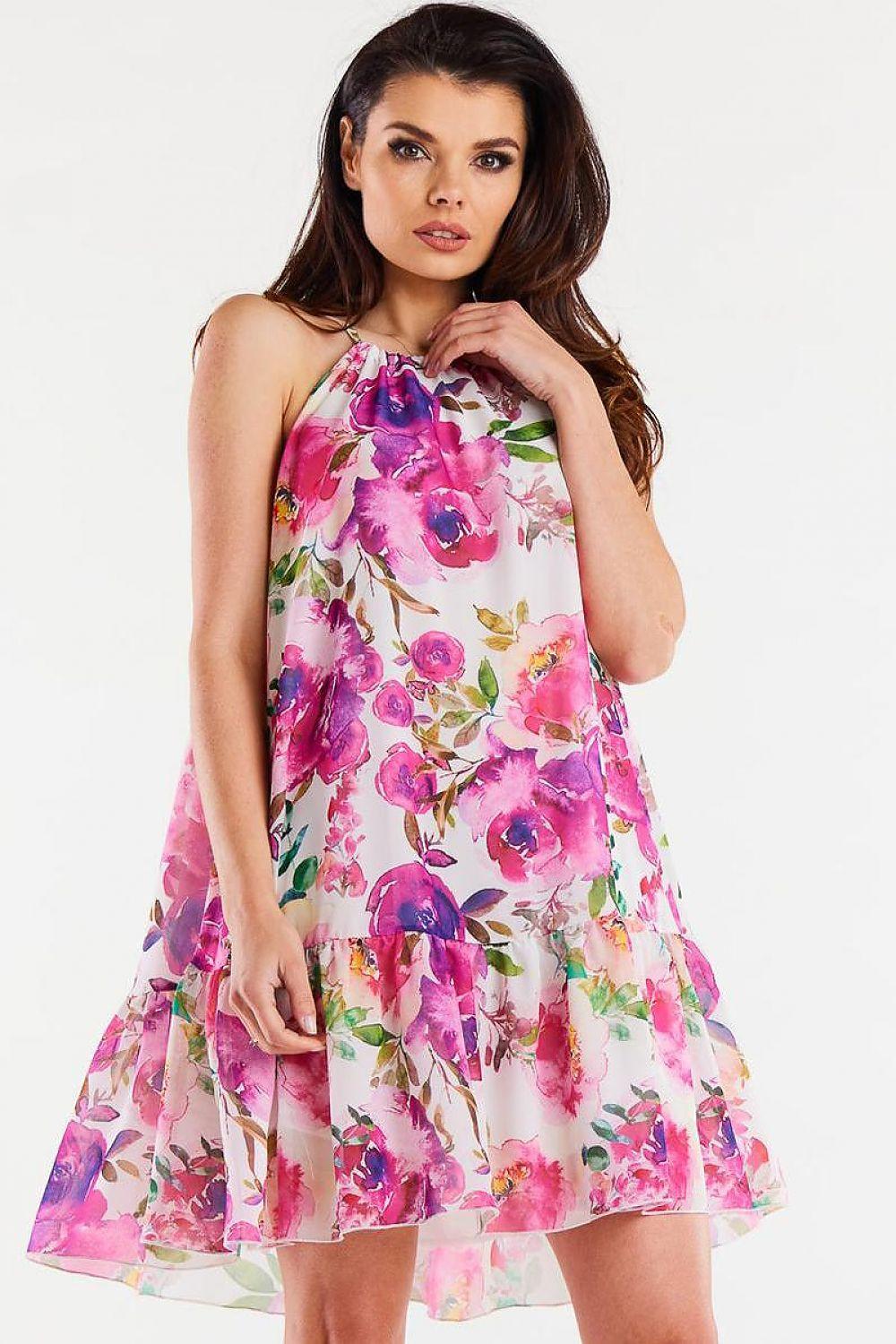 Awama daydress with sleeveless round neckline and tiered floral skirt in pink and white