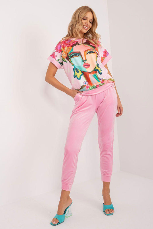 Pink graphic T-shirt and cropped pants set with colorful face print