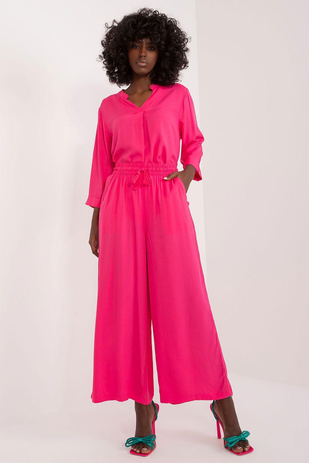 Women’s wide-leg trousers in bright pink with high-rise drawstring waist