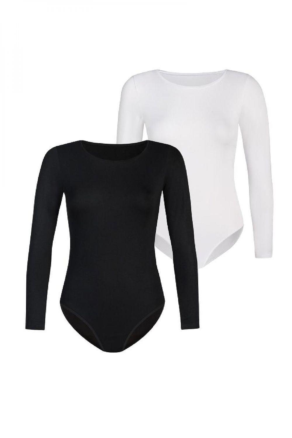 Long-sleeve shapewear bodysuit in black and white, high-cut brief