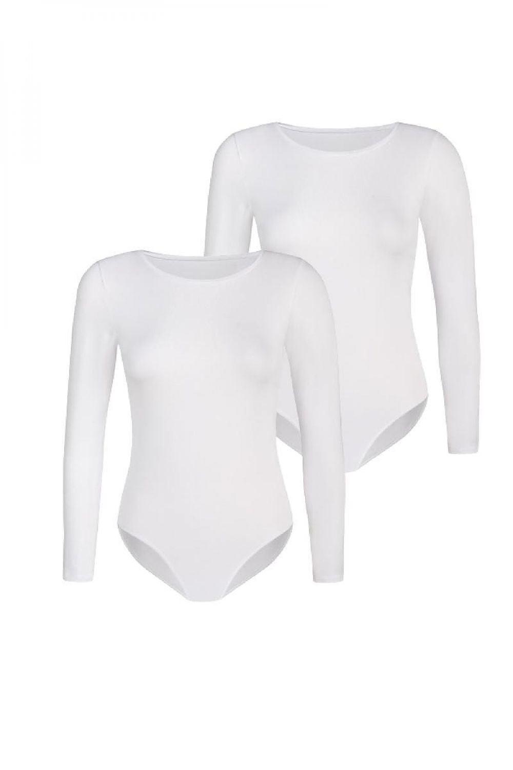White long-sleeve shapewear bodysuit, crew neck, full-coverage briefs