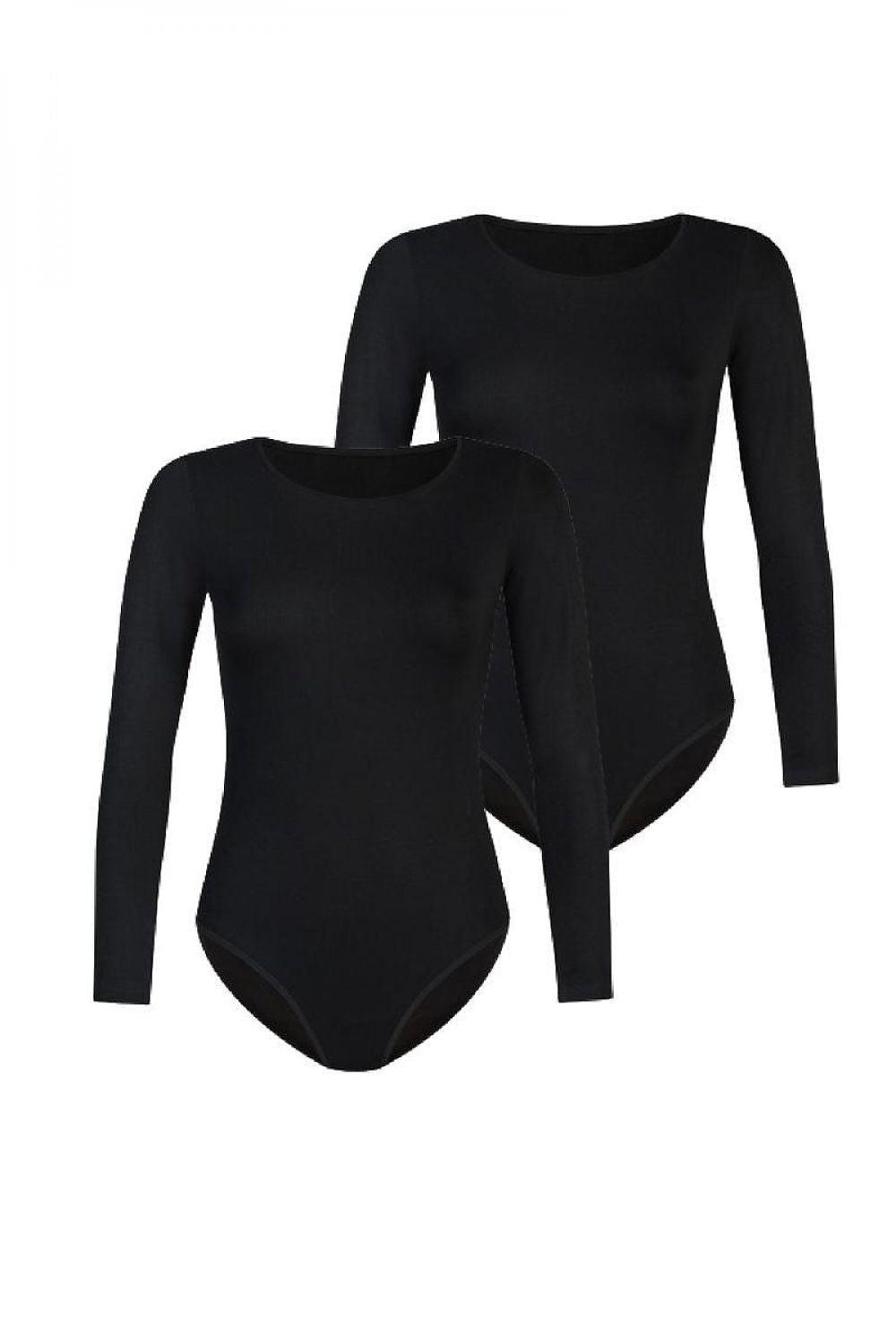 Black long-sleeve shapewear bodysuits with shaping panels, crew neck