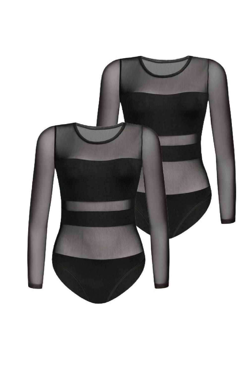 Black sheer mesh long-sleeve bodysuit shapewear with high-cut brief front