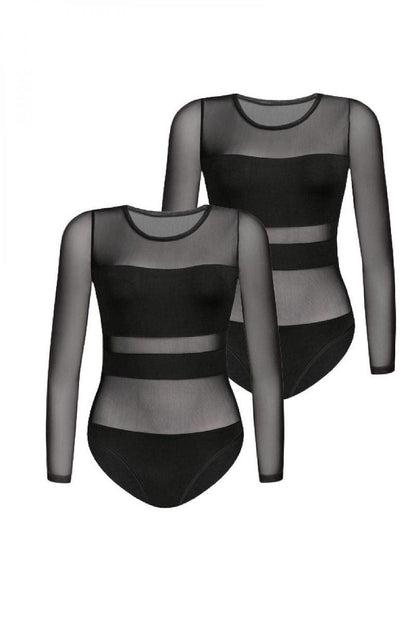 Pair of black sheer long-sleeve bodysuits, horizontal stripe panels