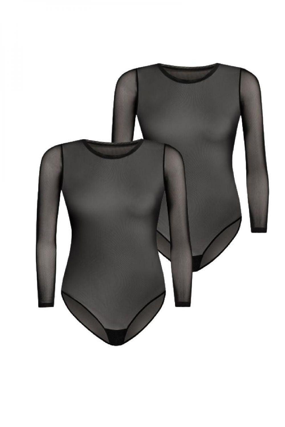Black sheer long-sleeve shapewear bodysuit with high-cut briefs