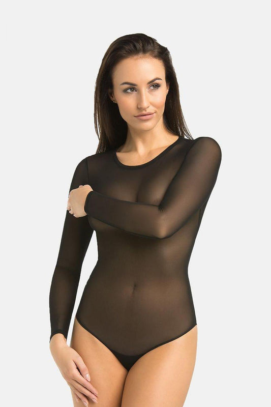 Black sheer long-sleeve shapewear bodysuit, front view, high-cut briefs