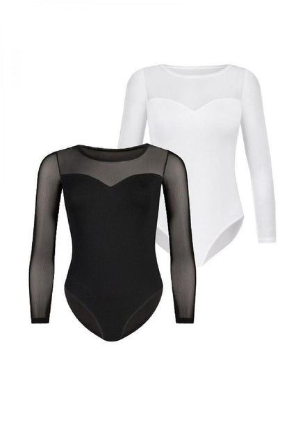 Teyli shapewear bodies: white and black, sheer long sleeves, scoop neck
