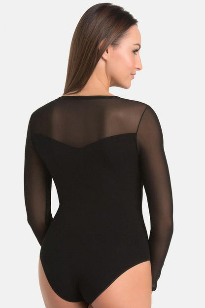 Teyli black shapewear body with sheer long sleeves, back view