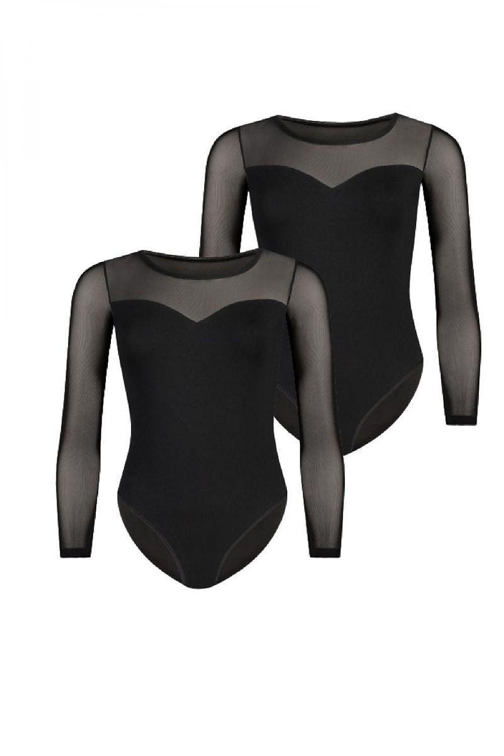 Black sheer long-sleeve shapewear bodysuit with opaque front panel.