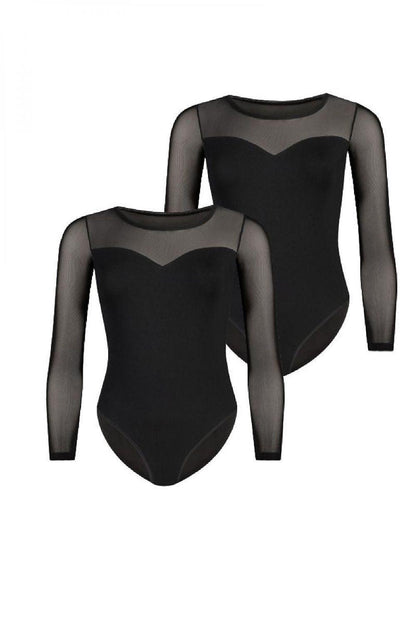 Black sheer long-sleeve shapewear bodysuit with opaque front panel.