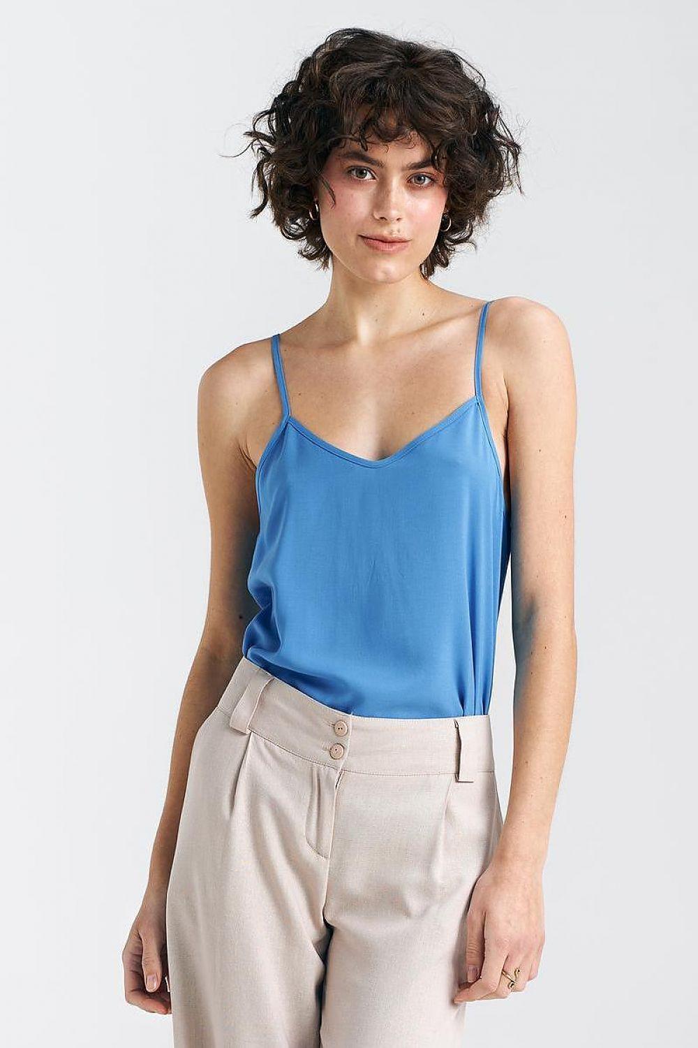 Blue viscose camisole top with V-neck and thin spaghetti straps