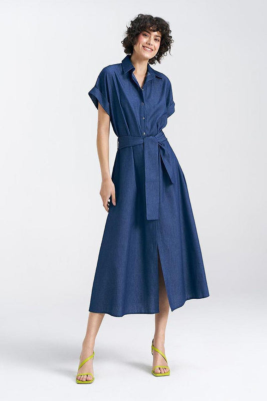 Navy button-front daydress with tied belt, short sleeves, midi length