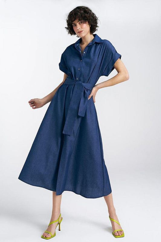 Navy button-front daydress with tied waist belt and short sleeves, midi