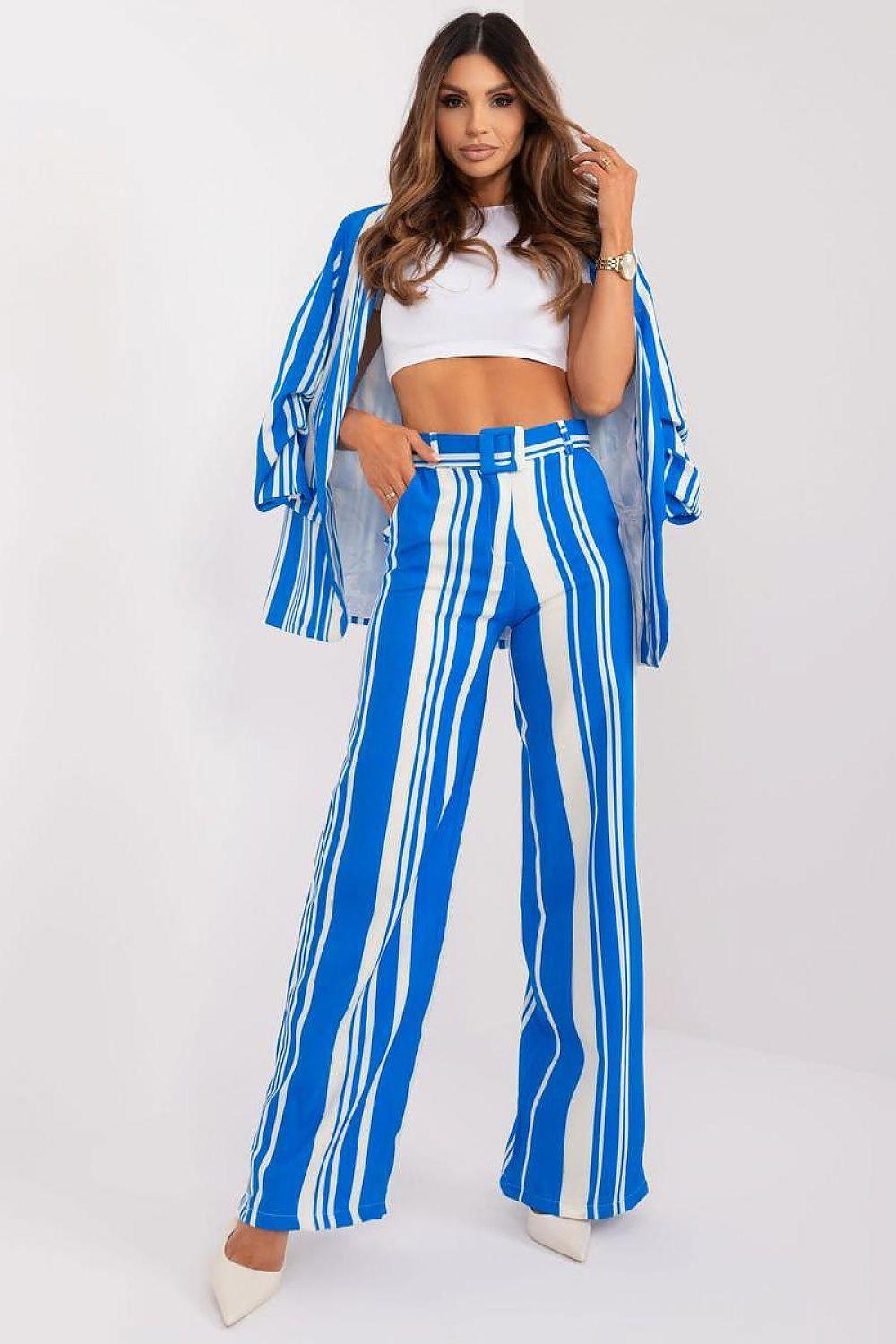 Women striped trousers, blue and white, wide-leg with elastic waistband