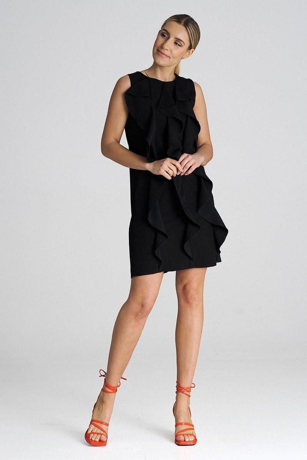 Black sleeveless cocktail dress with layered ruffle front, above-knee length.