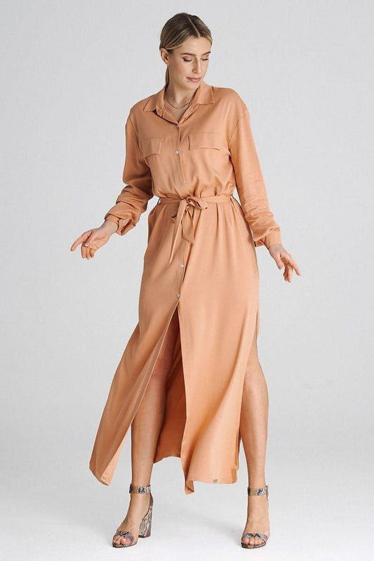 Orange button-front daydress with V-neck collar, long sleeves, tie waist belt, side slit