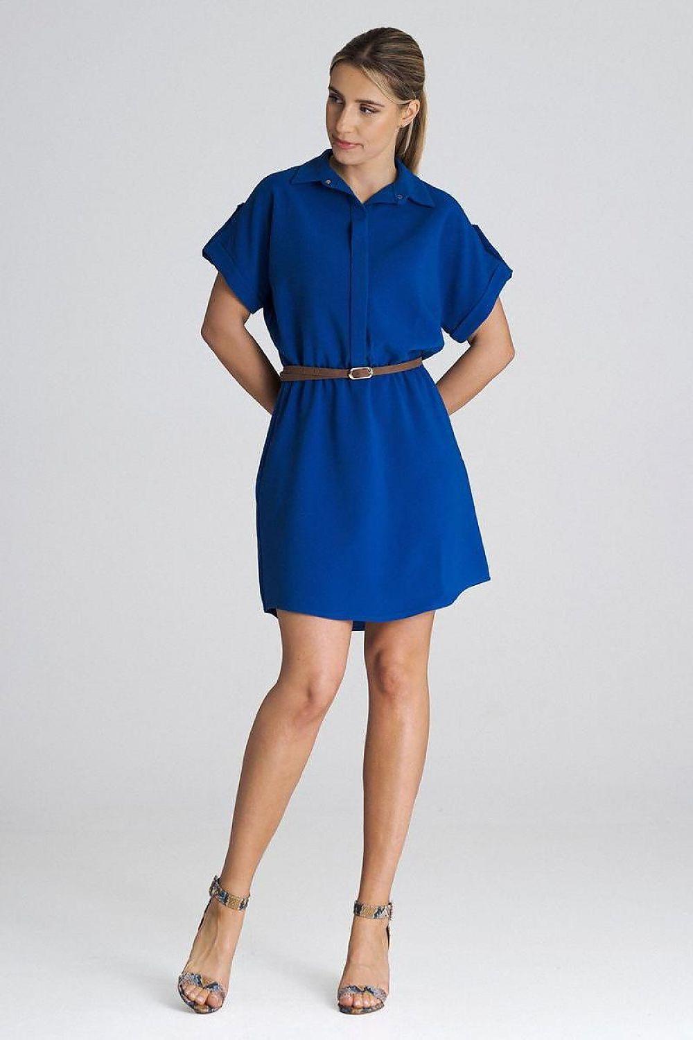 Blue collared day dress with short sleeves and waist belt, A-line above-knee length