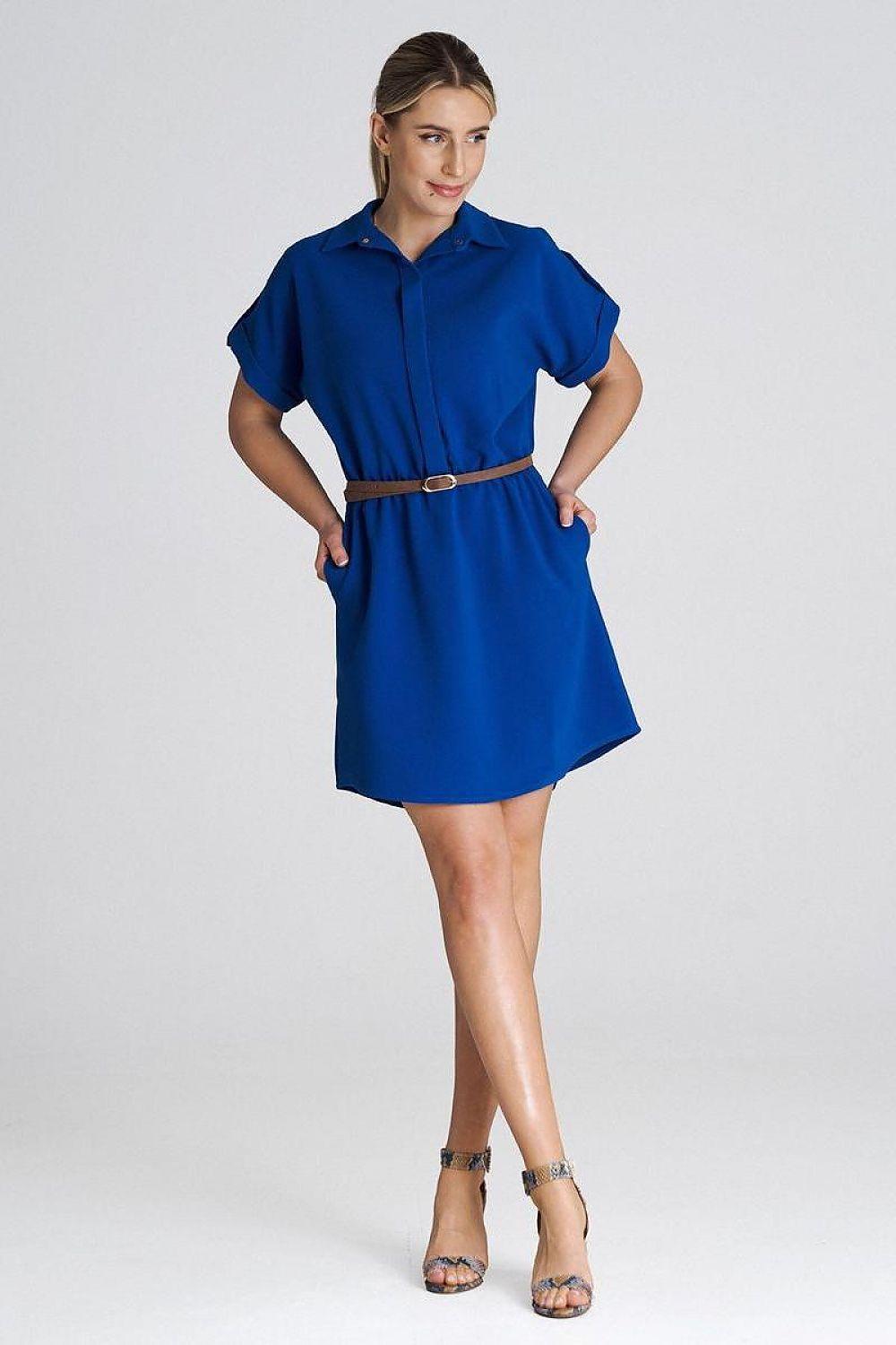 Blue collared day dress with short sleeves and waist belt, A-line above-knee length