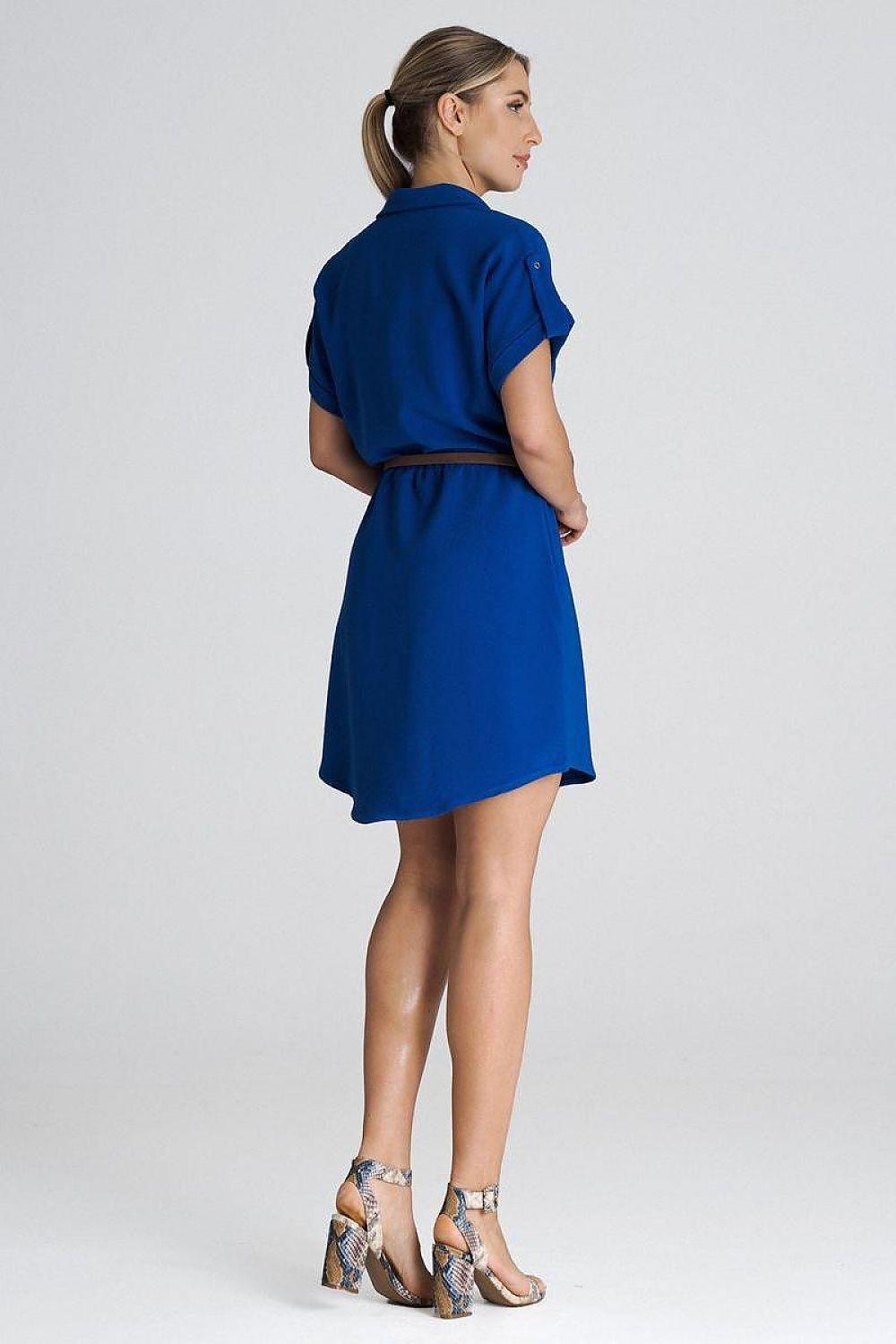 Blue collared day dress from the back with short sleeves and waist belt, above-knee length