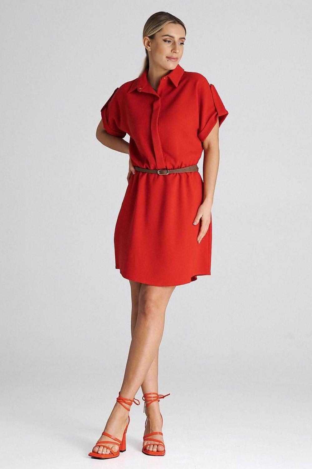 Red collared day dress with short sleeves and waist belt, A-line above-knee length