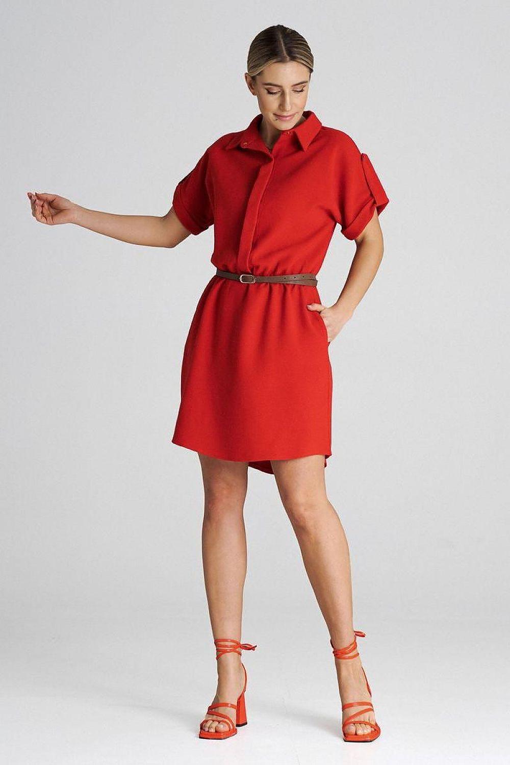Red collared day dress with short sleeves and waist belt, A-line above-knee length