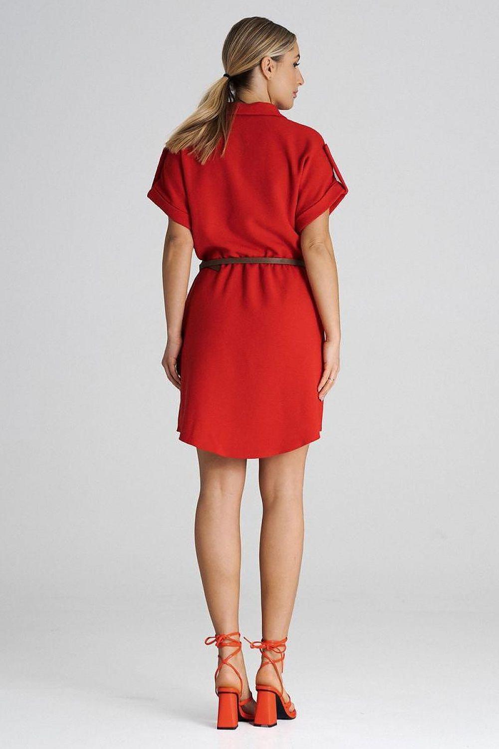 Red collared day dress from the back with short sleeves and waist belt, above-knee length